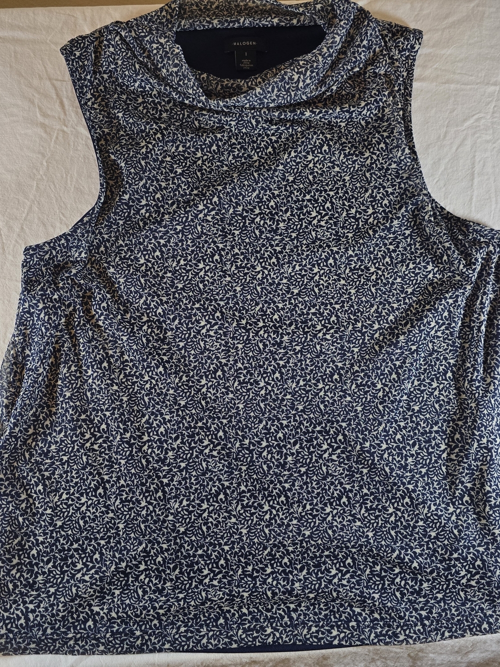 Halogen Blue White Botanical Print Cowl Neck Sleeveless Top Size L